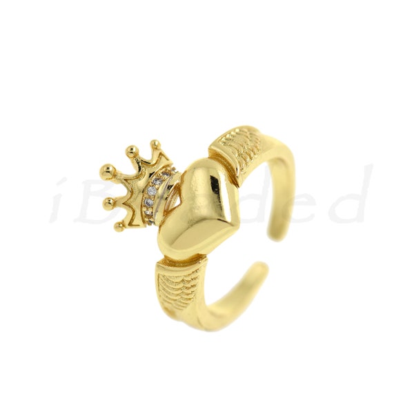 18K Filled Gold Heart Crown Ring, Heart Charm, Crown Charm, For Jewelry Making, 22x15mm