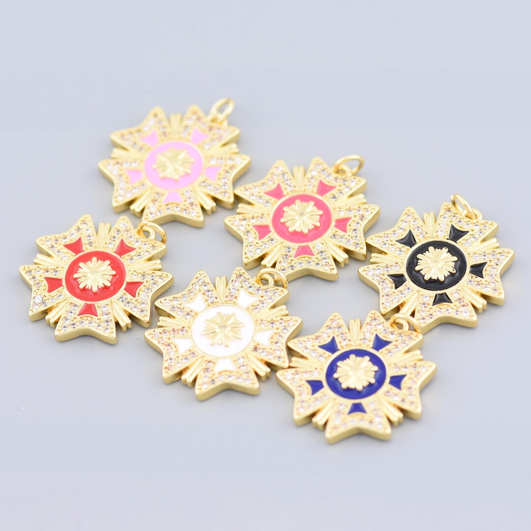 Elegant Gold Sun Ray Pendant With Black Enamel Flower and Crystal Inlay ...