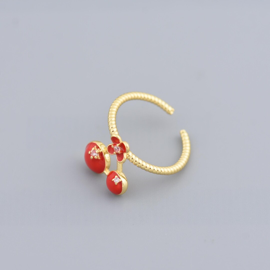 Cherry Rings Vibrant Gold Cherry Ring With Red Enamel and Flower Accent for Playful ...