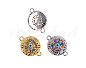 Evil Eye Connector, Multicolor CZ Stone Eye Chain Charm, Brass Spacer Beads, DIY Jewelry Making 12.5mm