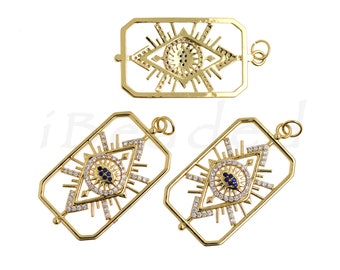CZ Brass Diamond Openwork Evil Eye Pendant for Bracelet Necklace Jewelry Making 36x19mm 1 Pcs