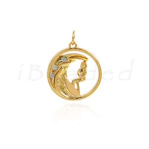 18K Filled Gold Diamond Round Surf Pendant, Gold Surf Pendant, Surf Charm, Birthday Gift, 19mm
