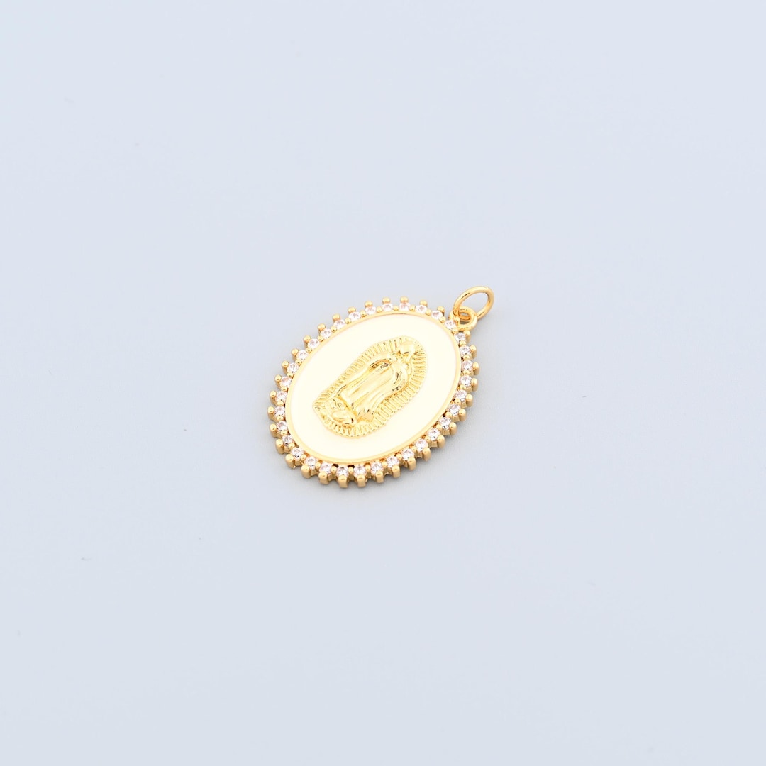 Oval Virgin Mary Pendant With Enamel Background and Gold Figure ...