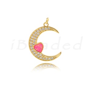 Delicate Heart Pendant, CZ Micro Pave Moon Pendant, Heart Charm, Moon Charm, Celestial Jewelry, 27x22mm