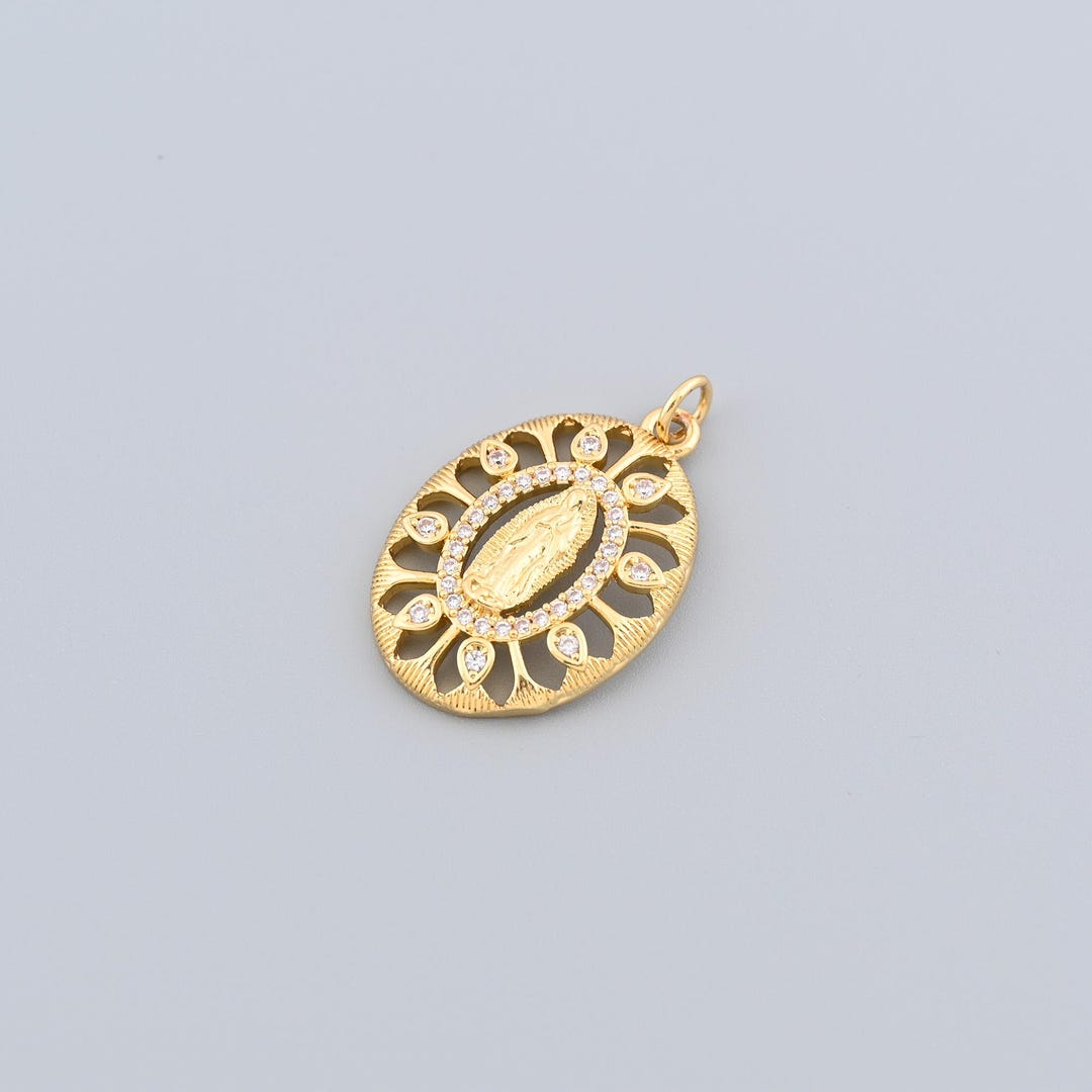 Openwork Virgin Mary Pendant in Gold With Oval Filigree Frame and CZ ...