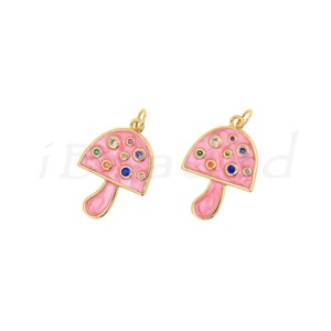 Brass Zircon Mushroom Pendant, Enamel Mushroom Charm, Mushroom Charm, For DIY Jewelry Making, 24x16mm