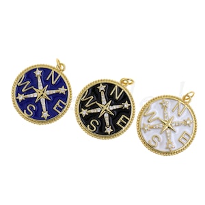 18K Gold Filled Compass Pendant, Round Enamel Necklace, Micropavé CZ Travel Charm, Compass Charm, DIY Jewelry Making Supplies,25mm