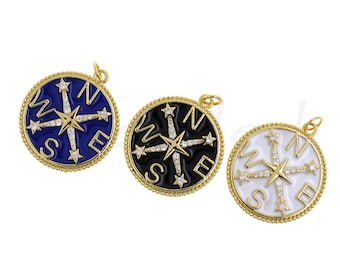 18K Gold Filled Compass Pendant, Round Enamel Necklace, Micropavé CZ Travel Charm, Compass Charm, DIY Jewelry Making Supplies,25mm