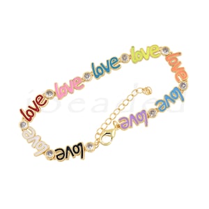 Carta LOVE Colorido esmalte Latón y pulsera de diamantes, delicada cadena de cartas original, 8.5x L19cm