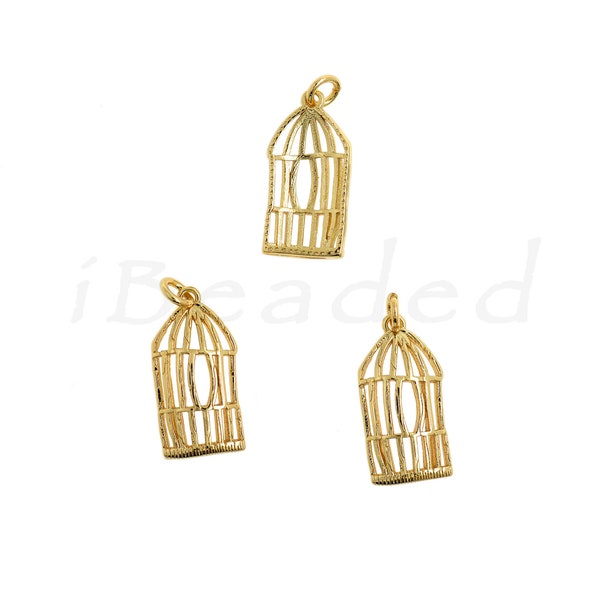 18K Filled Gold Birdcage Pendant, Minimalist Charm for DIY Bracelet Necklace, 22x11mm