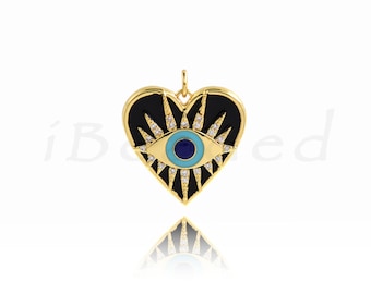 18K Filled Gold Heart Evil Eye Pendant, Enamel Heart Evil Eye Accessory, Enamel Charm, Heart Charm, 22x22mm