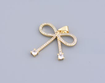 Simple Knot Pendant,18K Plated Gold Bow Charms, Insect  Charms, Bow Jewelry, Micropave CZ Bow Pendant, for DIY Jewelry Making,23x23mm