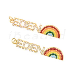 Enamel Letter EDEN Pendant, 18K Filled Gold and Diamond Letter EDEN Pendant, Rainbow Charm, 43x9mm