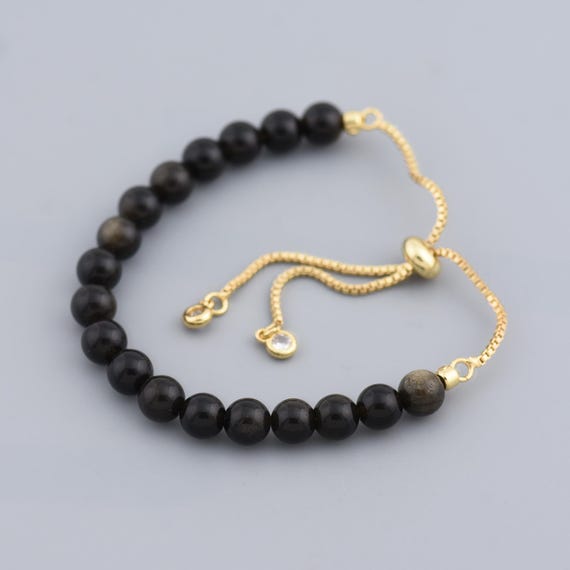 Bracelet Obsidienne Noire Dorée - Perles 6mm, 1 pièce Bracelet Obsidienne Noire Dorée - Perles 6mm, 1 pièce