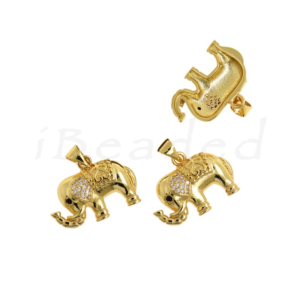 18K Filled Gold Diamond Elephant Charm, Animal Charm for DIY Bracelet Necklace, 22x16mm