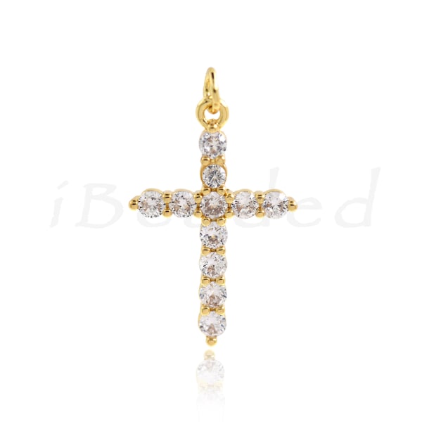 18K Gold Plated Diamond Cross Pendant, Religious Charm, Lucky Jewelry, 27x18mm