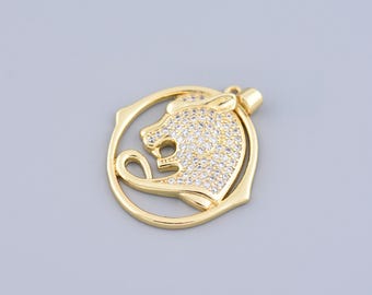 Dije de cabeza de leopardo, colgante de cabeza de leopardo calado con diamantes microengarzados rellenos de oro de 18 quilates, joyería de animales, para hacer joyas de bricolaje, 33,5 x 30 mm