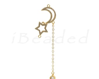 Pingente de lua e estrela banhado a ouro 18K com diamantes, pingente de lua, pingente de estrela, 19 x 14 mm, comprimento da corrente 55 mm