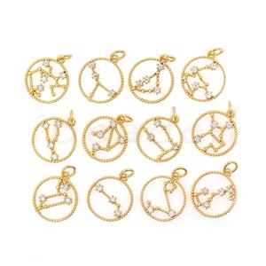 Zodiac Pendant, CZ Micropavé Constellation Pendant, 18K Gold Plated Openwork Round Pendant, 15mm
