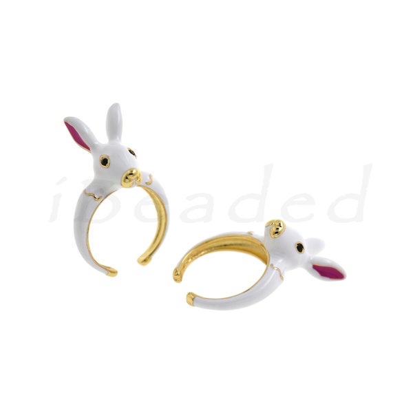 Rabbit Ring, Enamel Ring, 18K Gold Plated Ring, 33x21mm