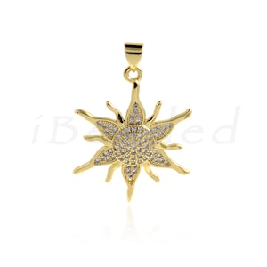CZ Pave Sun Charm-Cubic Zirconia Sun-Sunburst Necklace-Gold Plated Celestial Jewelry 10Pcs