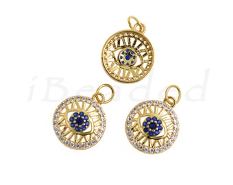 1 Pcs Wholesale 18K Filled Gold Diamond Openwork Evil Eye Pendant For Jewelry Making 13x5.5mm