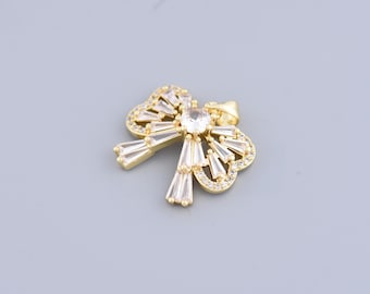 18K Plated Gold Bow Pendant,CZ Micro Pave Bow Charm,Line Bow Pendant,Bow Jewelry, for DIY Jewelry Making ,22.5x19mm