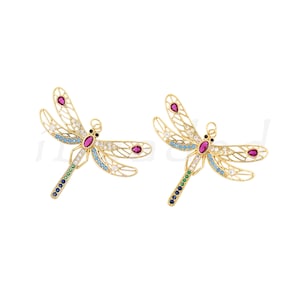Colorful Zircon Dragonfly Pendant in Brass, Dragonfly Charm, Insect Jewelry, DIY Jewelry Making Supply, 45x37mm