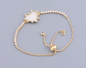 Micro Pave CZ  Bracelet,Adjustable Box Chain Bracelet with Enamel Heart ,Slider Rubber Stopper Bead Bracelet,17x24mm