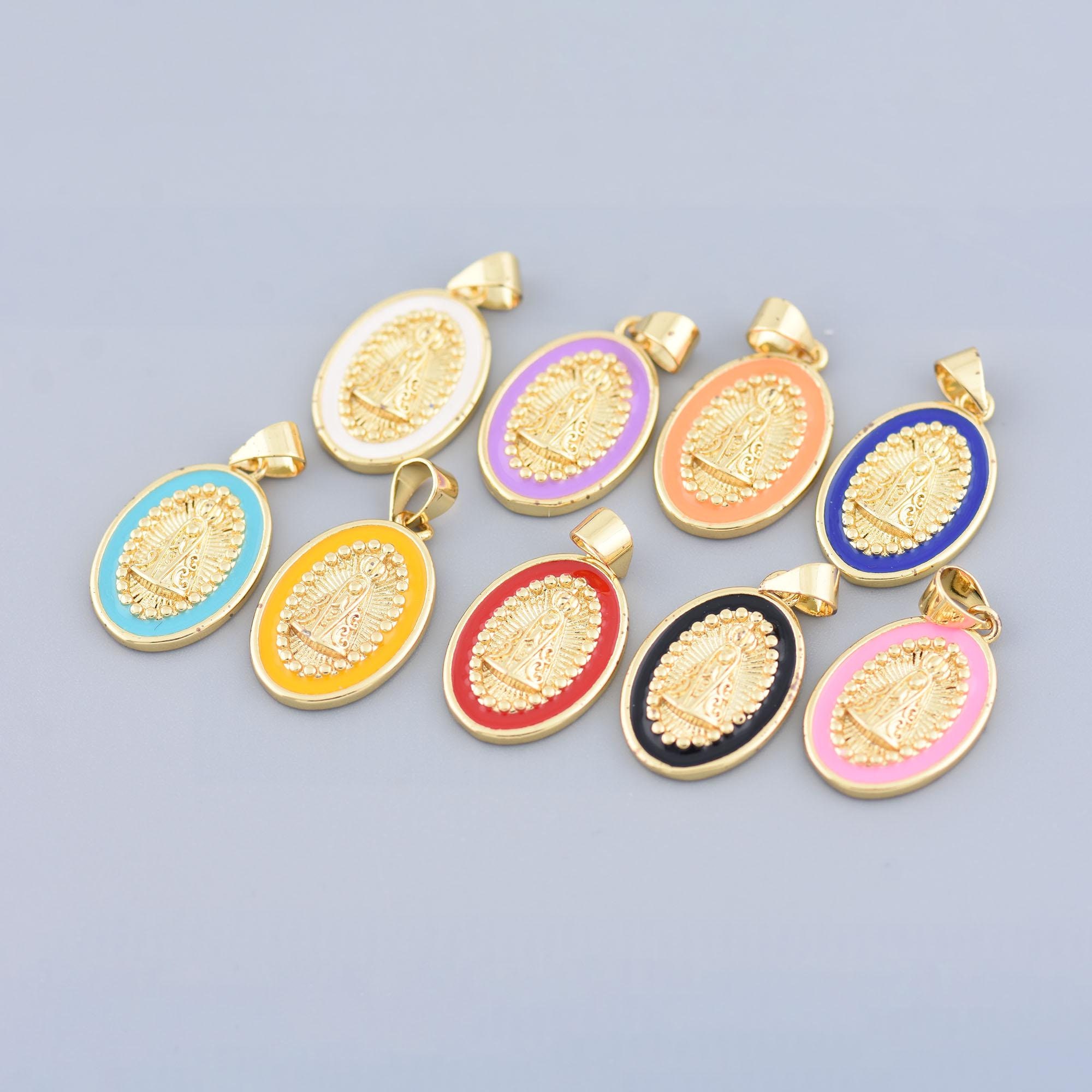18k Gold Plated Enamel Religious Necklace, Enamel Virgin Mary Pendant, Religious Medal, Jewelry DIY Making Supplies, 20.5x13mm