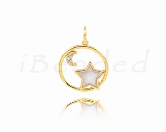 18K Gold Filled Zircon Moon and Star Pendant, Moon and Star Charm, Celestial Jewelry, DIY Jewelry Supplies, 14mm
