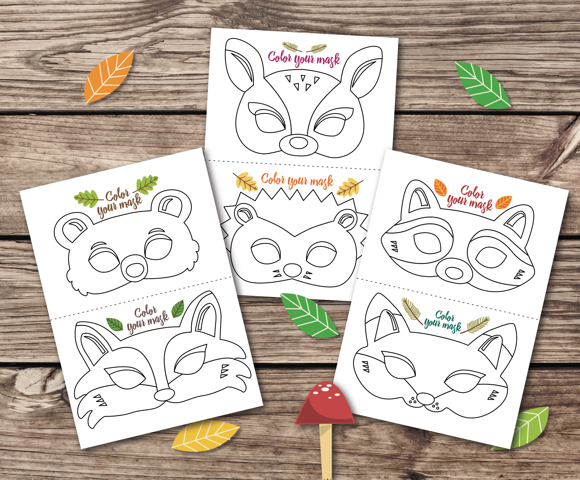 Coloring masks, animal masks, kid party mask, woodland party, Woodland coloring pages, woodland masks fox mask Preschool printable
