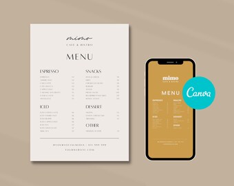 May include: A printed menu for Mimo Cafe & Bistro with sections for espresso, snacks, iced drinks, and dessert, displayed alongside a smartphone showing the same menu on a gold screen with a circular blue Canva logo overlaying the right side.