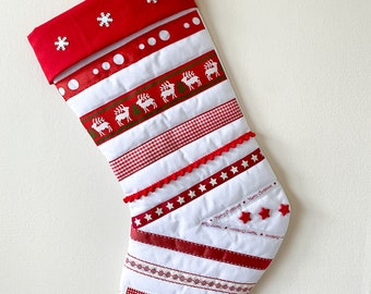 Heirloom Scandi White Christmas Stocking - Handmade - Ribbon - Festive - Beaded -Glitter - Christmas Decor - Handmade - Hand Sewn