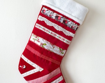 Heirloom Festive Red Christmas Stocking - Handmade - Ribbon - Festive - Beaded -Glitter - Christmas Decor - Handmade - Craft Art - Hand Sewn