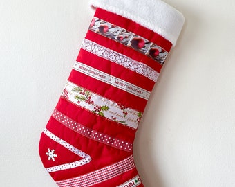 Heirloom Festive snowflake Christmas Stocking - Handmade - Ribbon - Festive - Beaded -Glitter - Christmas Decor - Handmade - Hand Sewn