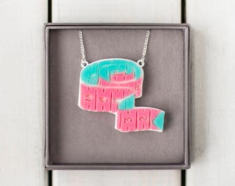 Acrylic Necklace Tape Measure Necklace and Gift Box - Plastic Necklace - Turquoise Pink Necklace - Sewing Gift -  Sewing Necklace - Sewist