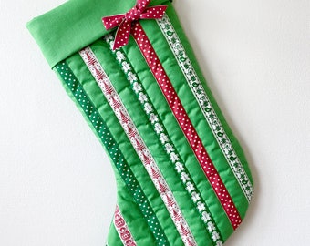 Heirloom Festive Christmas Stripe Stocking - Handmade - Ribbon - Festive - Beaded -Glitter - Christmas Decor - Handmade - Hand Sewn