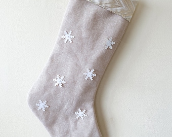 Heirloom Festive Christmas Linen Snowflake Stocking - Handmade - Ribbon - Festive - Beaded -Glitter - Christmas Decor - Handmade - Hand Sewn