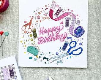 Happy Birthday Haberdashery Wreath Square Greetings Card - Sewing Birthday - Haberdashery - Card for Dressmaker - Card for Sewist