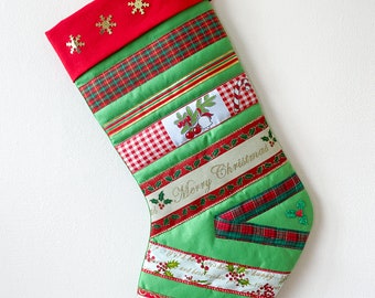 Heirloom Festive Holly Christmas Stocking - Handmade - Ribbon - Festive - Beaded -Glitter - Christmas Decor - Handmade - Hand Sewn