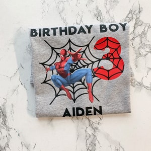 May include: Gray t-shirt with a Spiderman graphic, a red web design with the number 3, and the text "Birthday Boy" and "Aiden".