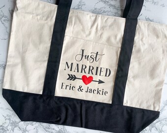 Extra Large Just Married Canvas Tote Bag Personalized Married Date Oversized Honeymoon Beach Purse Wedding Date Bridal Shower Gift Idea