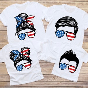 4th of July Matching Messy Hair Bun Sunglasses Personalized Shirt Mommy and Me Daddy Boy Girl Number Silhouette Family T-Shirt Idea Fourth