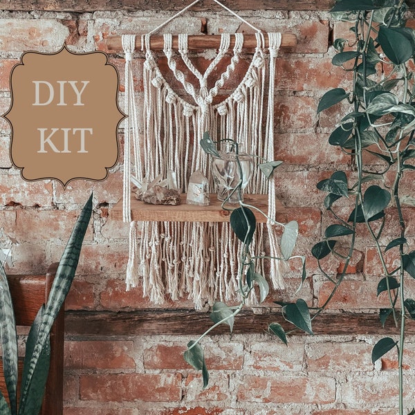 KIT DIY + tutoriel vidéo (étagère en macramé) | Motif macramé facile pour débutant | Décoration d'intérieur bohème | Étagère suspendue | Cadeau de Noël