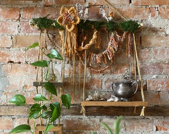 Macrame Plant Shelf - Propagation Shelf - Boho Decor - Mushrooms and Macrame Flowers