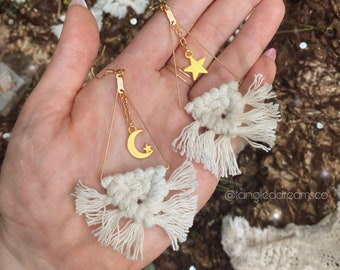Star and Moon Macrame Earrings | Celestial Earrings | Boho Fringe Earrings | Gold Plated 925 Sterling Silver