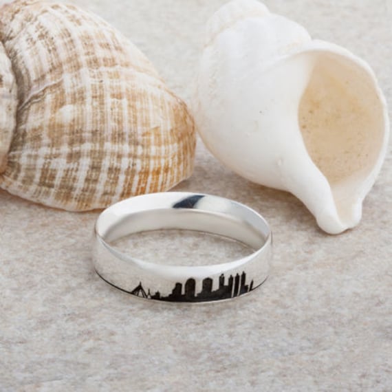 Laser Engraved Skyline Designed Ring