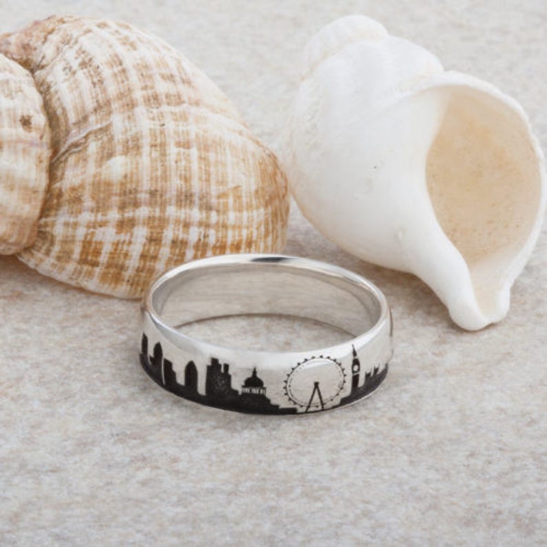 Laser Engraved Skyline Designed Ring