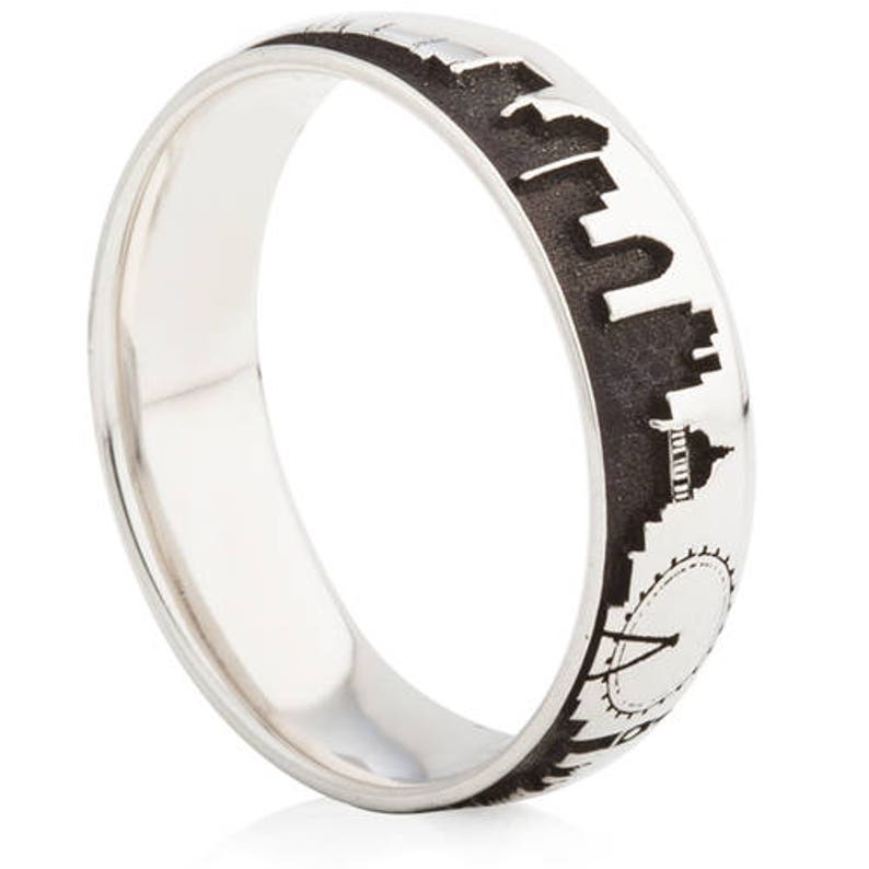 Laser Engraved Skyline Designed Ring